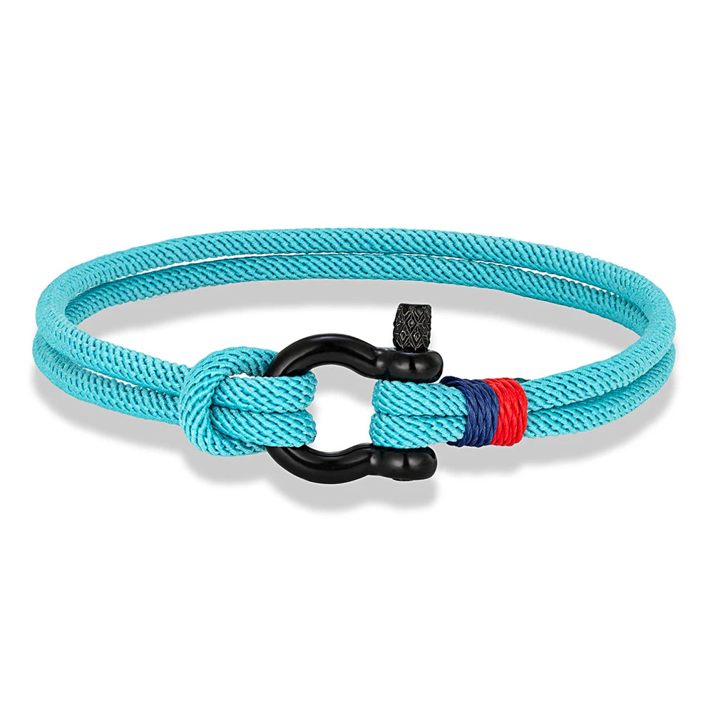 MKENDN Schwarzes Armband aus Edelstahl mit Hufeisenschnalle für Männer und Frauen, marineblaues Überlebensarmband aus geflochtenem Seil, Paarschmuck