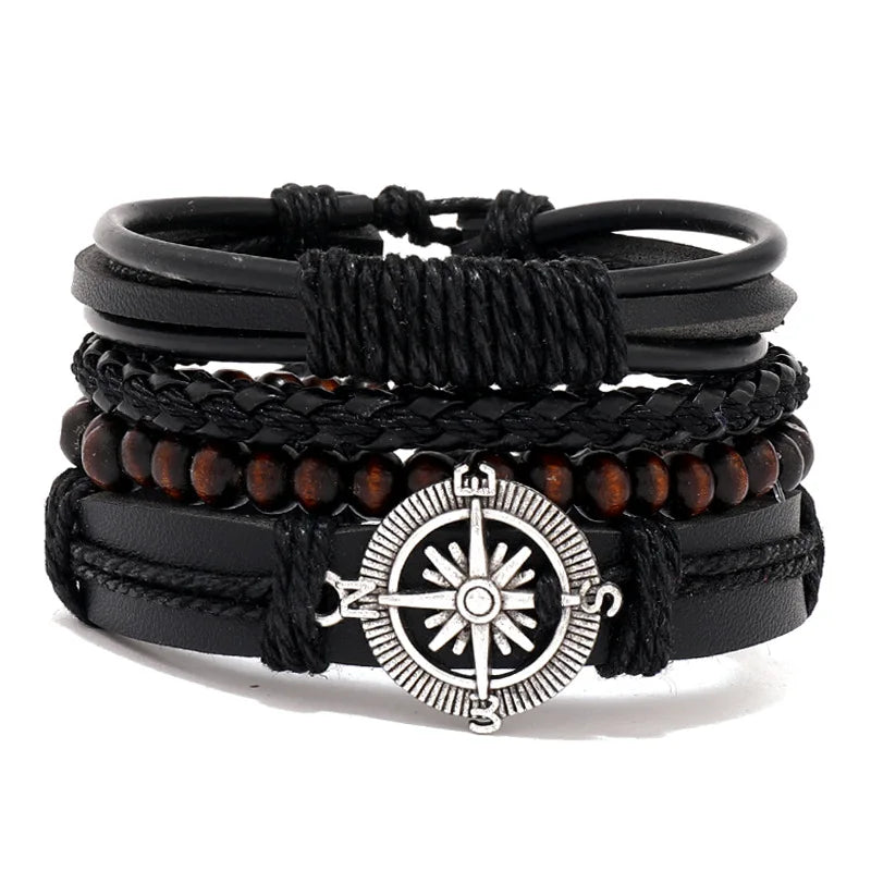 New Raided Wrap Leather Bracelet For Men Vintage Life Tree Rudder Charm Wood Beads Ethnic Tribal Wristband Rope Bracelet Jewelry