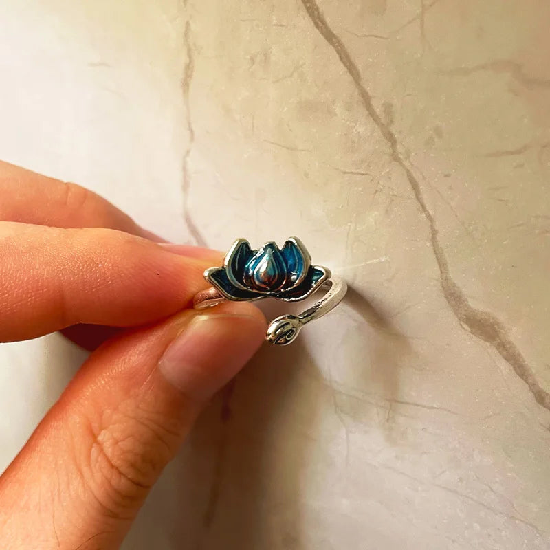 Retro Chinese Cloisonne Lotus Flower Ring For Women Punk Gothic Vintage Open Ring Handmade Designer Jewelry Unisex Accessories