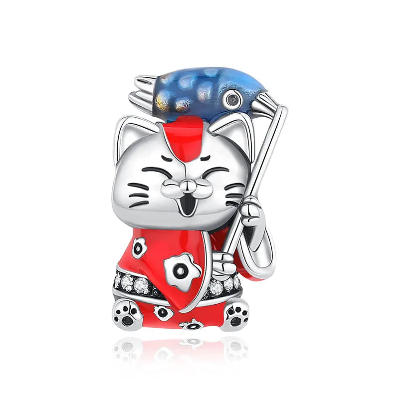 925 Sterling Silver Charms Beads Original Japanese Doll Fortune Cat Charm Fit Brand Bracelets Bangles DIY Jewelry For Women