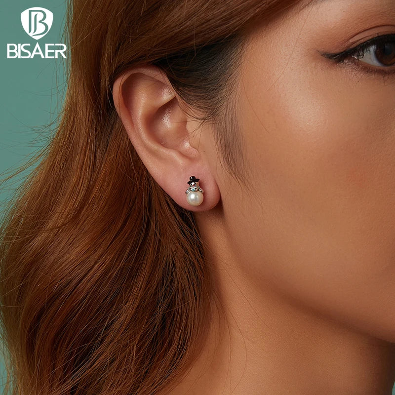 Boucles d'oreilles à tige en argent sterling 925 BISAER en forme de bonhomme de neige avec perles et émail plaqué or blanc pour femme, bijoux fins, cadeau de vacances