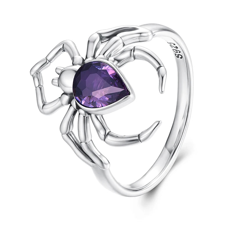 BAMOER 925 Sterling Silver Dark Spider Ring with Purple Heart Zircons Punk Band Ring for Women Teens Lucky Birthday Jewelry Gift