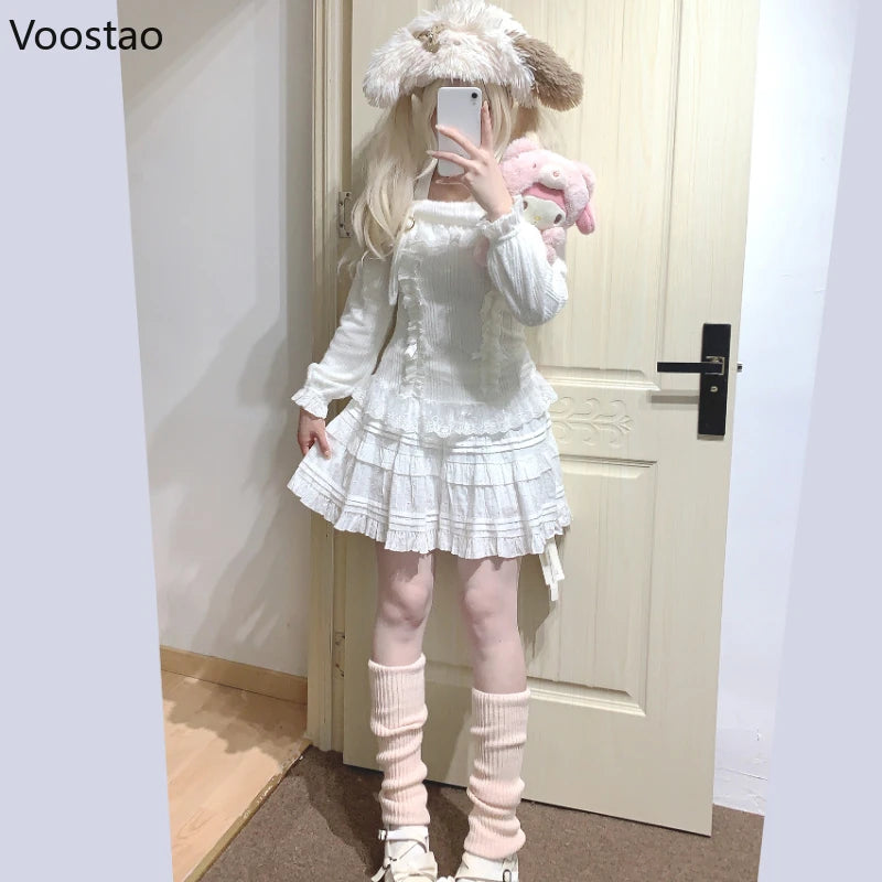 Sweet Lolita Style Knitted Pullover Women Harajuku Off Shoulder Lace Ruffles Bow Long Sleeve Sweater Girls Cute Knitwear Tops