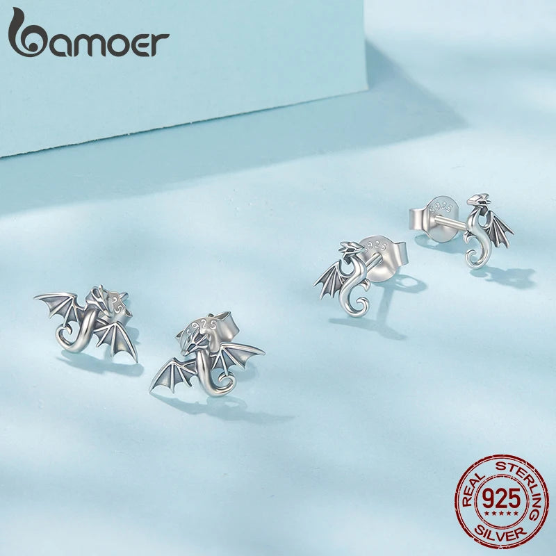BAMOER Mini-Drachen-Ohrstecker aus massivem 925er Sterlingsilber im Retro-Oxidations-Stil – ein hübsches Schmuckstück für Damen und Teenager.
