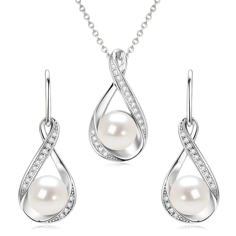 OXTAO 925 Silver Infinity Pendant Necklace Freshwater Pearl Earrings Jewelry Set for Women Moissanite Natural Freshwater Pearl
