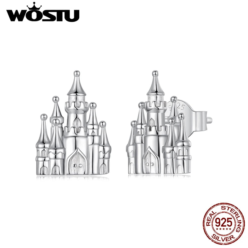 WOSTU 925 Sterling Silver Princess Castle Stud Earrings For Women, Dainty Fairy Tale Inspired Jewelry Unique Gift for Girls