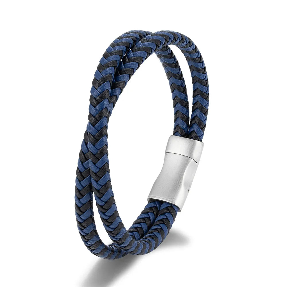 MKENDN Simple Style Men Braided Blue Brown and Black Leather Bracelet Matte Black Stainless Steel Button Accessories Jewelry