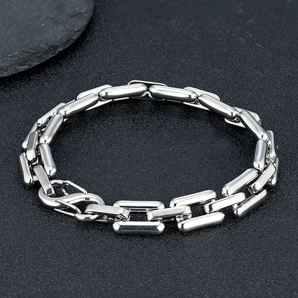 MKENDN Men's Heavy Handmade Chain Bracelet Never Fade Double Push Carabiner Clasp Stainless Steel Punk Rectangle Link Accessory