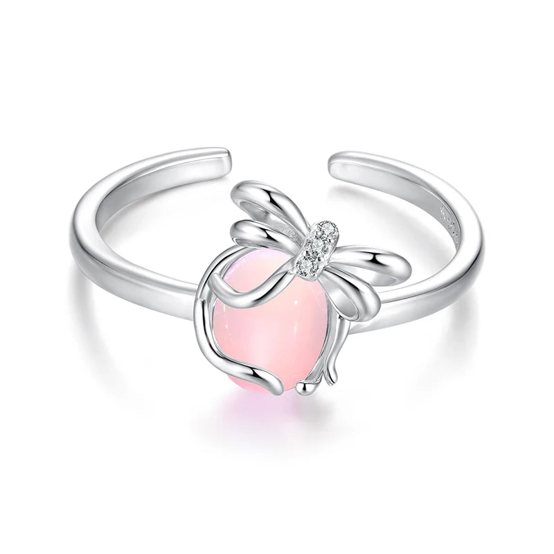WOSTU 925 Sterling Silver Pink Crystal Bow Open Ring For Women Handme butterfly Adjustable ring Party Gift Girl Birthday Gift
