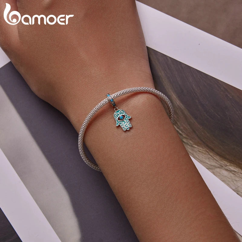 BAMOER 925 Sterling Silver Hand of Fatima Pendant Hamsa Hand Green Guard Hand Charm fit Original Bracelet Women DIY Fine Jewelry