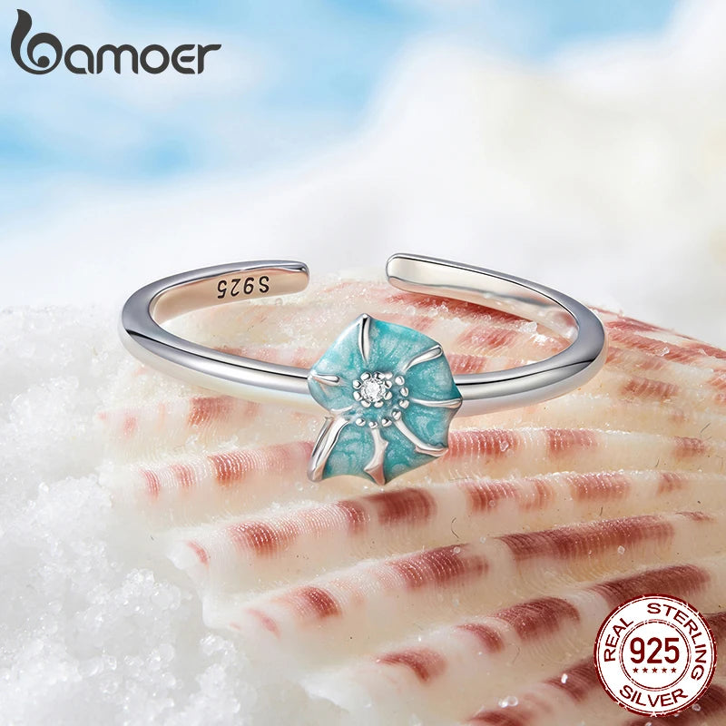 BAMOER 925 Sterling Silver Cute Conch Ring Stacking Finger Ring, Animals Adjustable Open Rings Birthday Gift BSR672-E