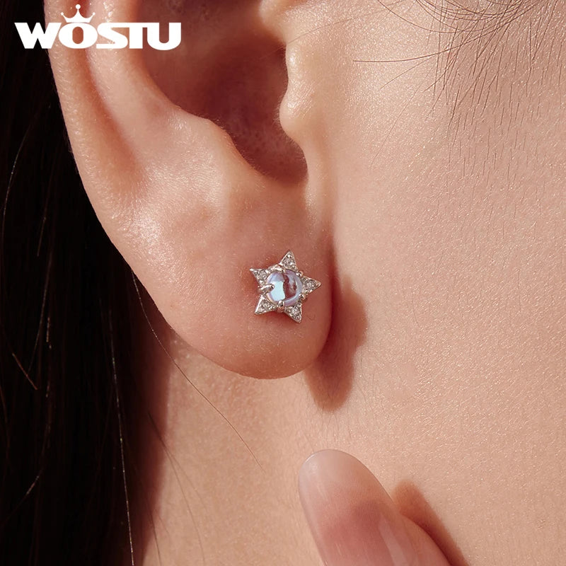WOSTU 925 Sterling Silver Star and Moon Stud Earrings For Women, Cute Rainbow Moonstone Zircon Studs Party Daily Jewelry Gift