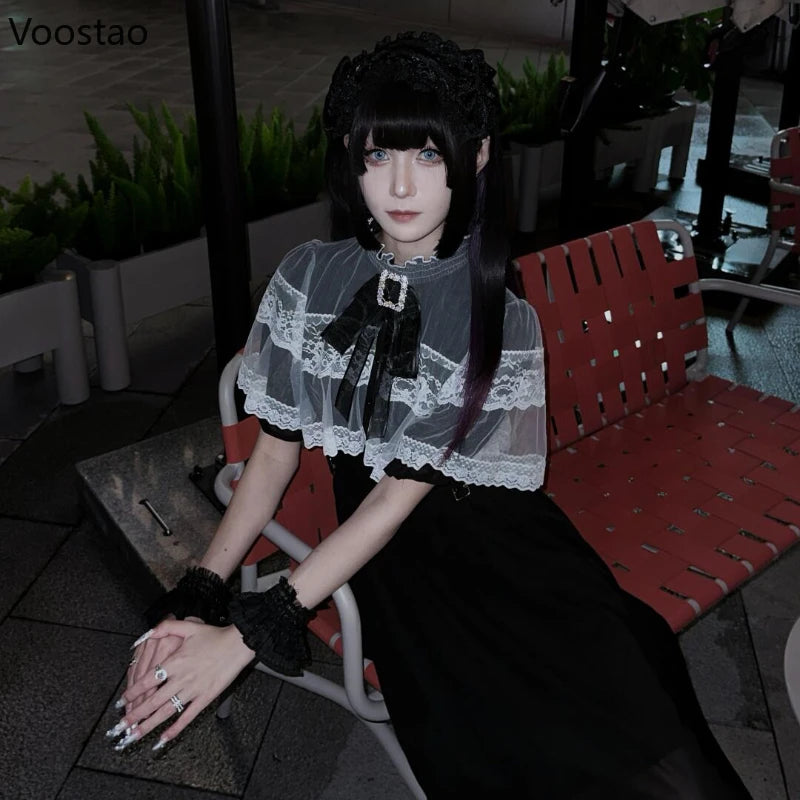 Japanese Style Gothic Y2k Lolita Rhinestone Bow Dress Sweet Women Lace Cape Short Sleeve Slim Party Dresses Elegant Fairy Dress