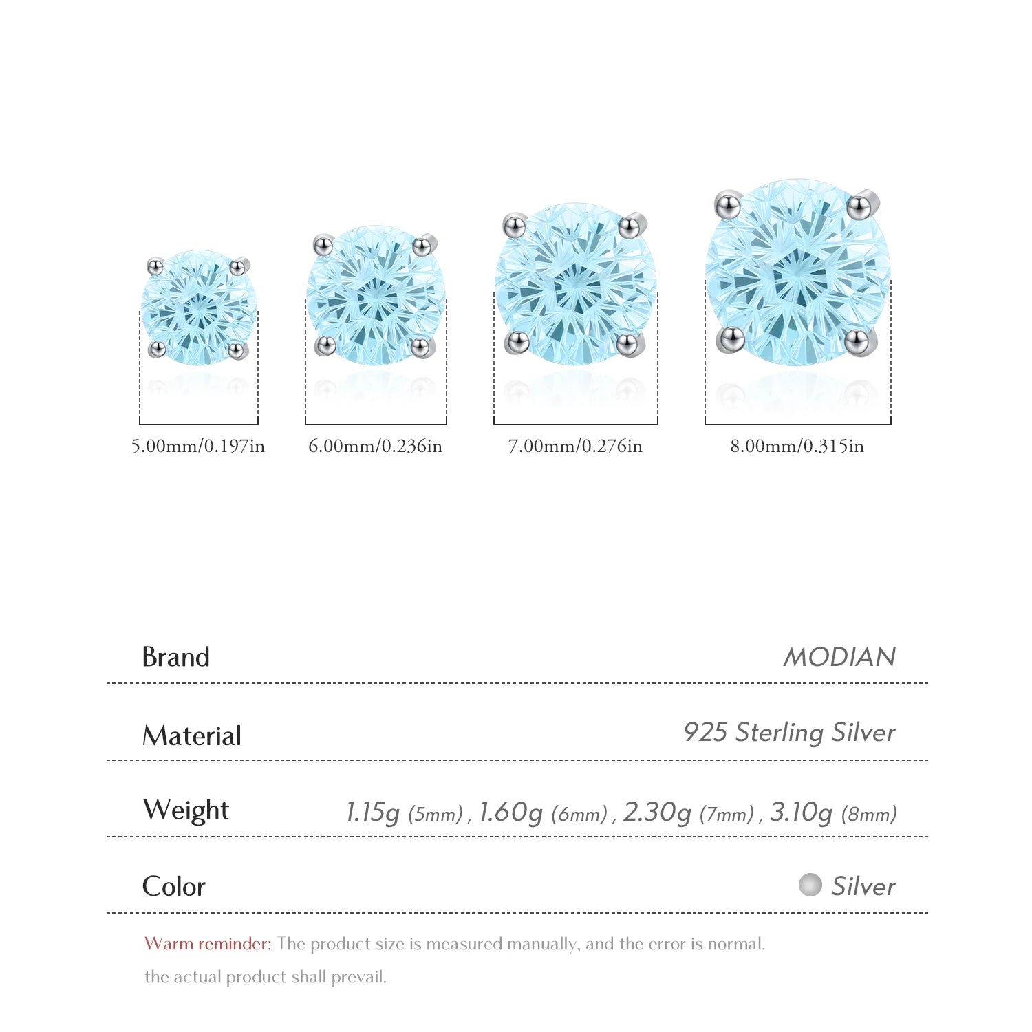 MODIAN 925 Sterling Silver Unisex Light Blue Firework Cut Zirconia Round Studs Earrings For Women And Men Fine Jewelry