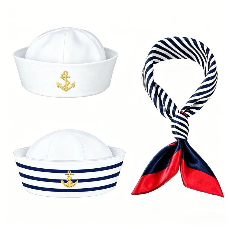 3 sets of navy captain hats, sailor hats, scarves, summer beach pool party cosplay hats, Halloween costume accessories