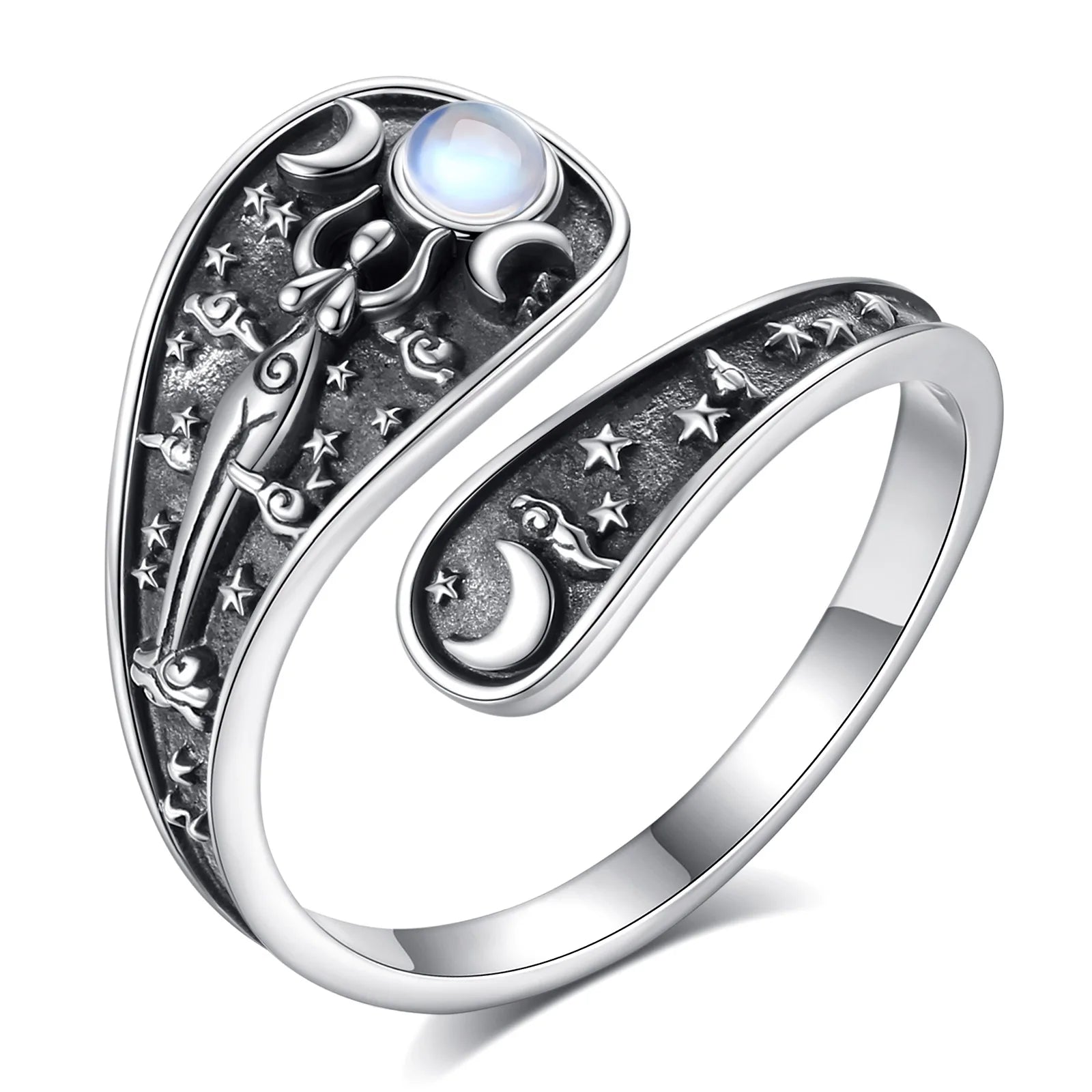 Eudora 925 Sterling Silver Triple Moon Goddes Adjustable Ring Moonstone Hecate Amulet Spoon Ring Vintage Jewelry Gift for Women