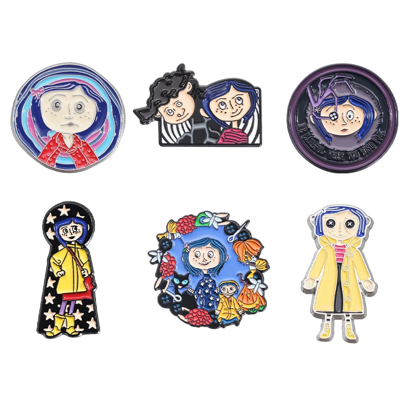 Horror Animated Films Coraline Doll Enamel Pins Cartoon Character Role Brooch Lapel Badge Punk Halloween Jewelry Gift for Friend