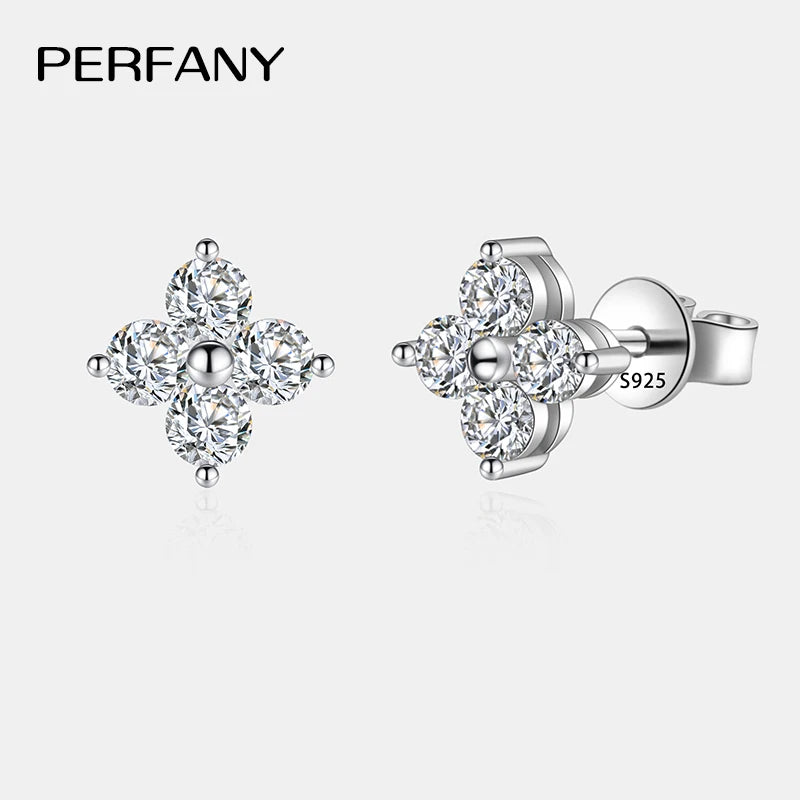 PERFANY All Moissanite Stud Earrings for Women S925 Pure Silver Classic Clover Laboratory Diamond Fashion Luxury Wedding Jewelry