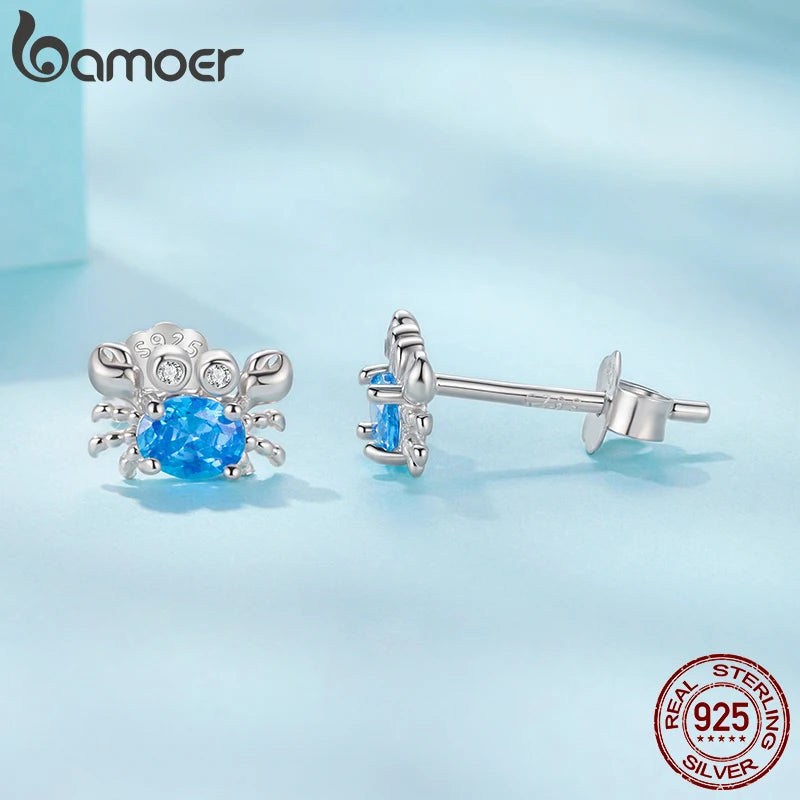 BAMOER 925 Sterling Silver Crab Stud Earrings Enamel Marine Clownfish Ear Studs for Women Girls Sweet Summer Jewelry Gift