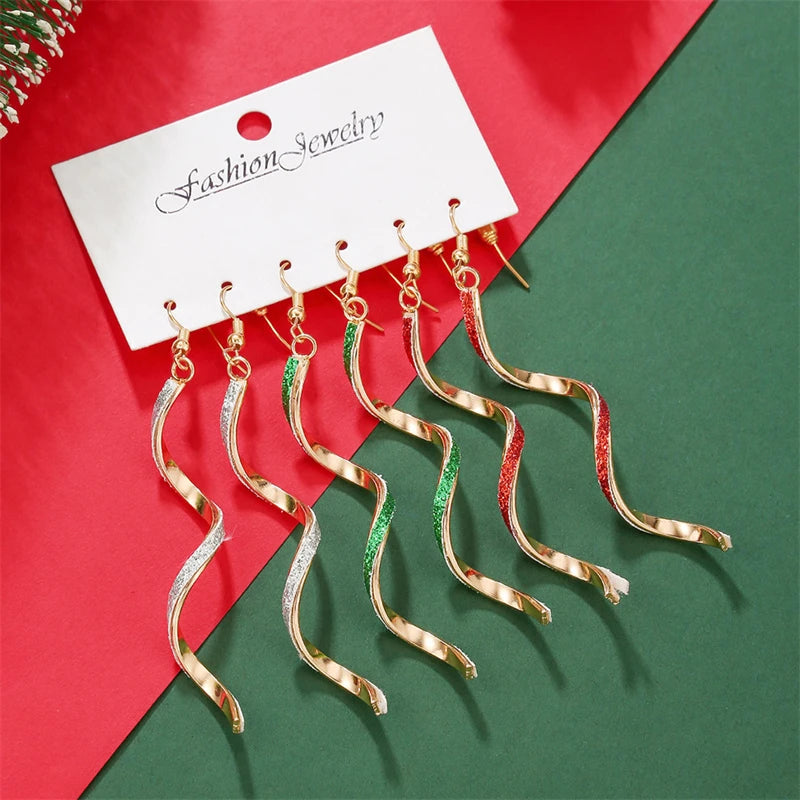 3 Pairs/Set Spiral Wave Curve Dangle Earrings for Women Fashion Rainbow Crutch Candy Long Twisted Earring Girls Party Jewelry