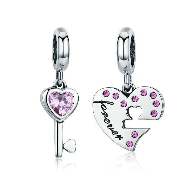 BISAER 925 Sterling Eternal Love Charm Bead A Pair of Heart Locks Pendant Fit Couple Friends DIY Bracelet Necklace Fine Jewelry