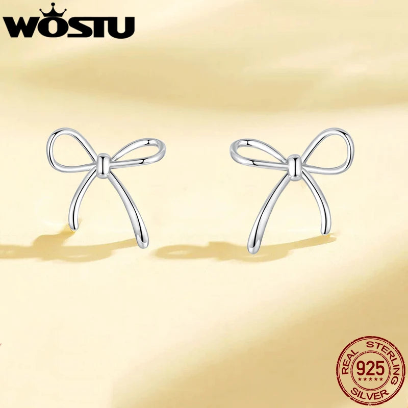 WOSTU Real 925 Sterling Silver Big Bow Stud Earrings For Women Wedding Party Jewelry Bowknot Ear Studs Girl Birthday Gift 18mm