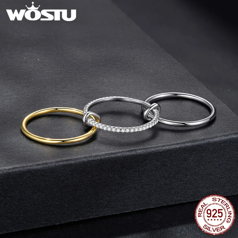 WOSTU Moissanite Interlocked Stackable Rings for Women 925 Silver 18K Gold Two-Tone Three-layer Moissanite Metal Connected Ring
