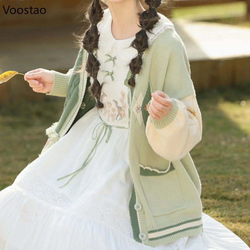 Mori Girl Style Sweet Knitted Cardigan Women Kawaii Cartoon Oil Painting Print Sweater Coat Harajuku Cute Knitwear Pullover Tops - Madeinsea©