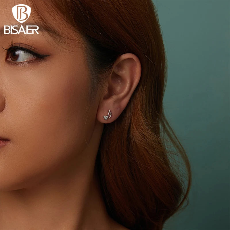 Boucles d'oreilles à tige en argent sterling 925 BISAER en forme de mini cœur plaqué or blanc pour les amateurs de musique, design original, bijoux fins