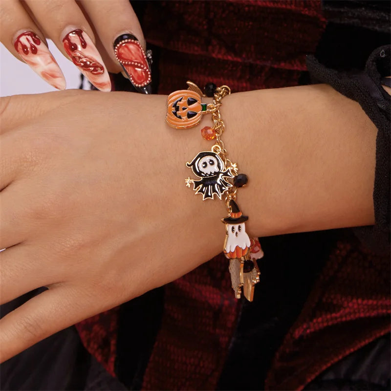Halloween Funny Pumpkin Ghost Bracelet For Women Black Bat Spider Web Hat Metal Chain Bangles Hip Hop Punk Festival Jewelry Gift