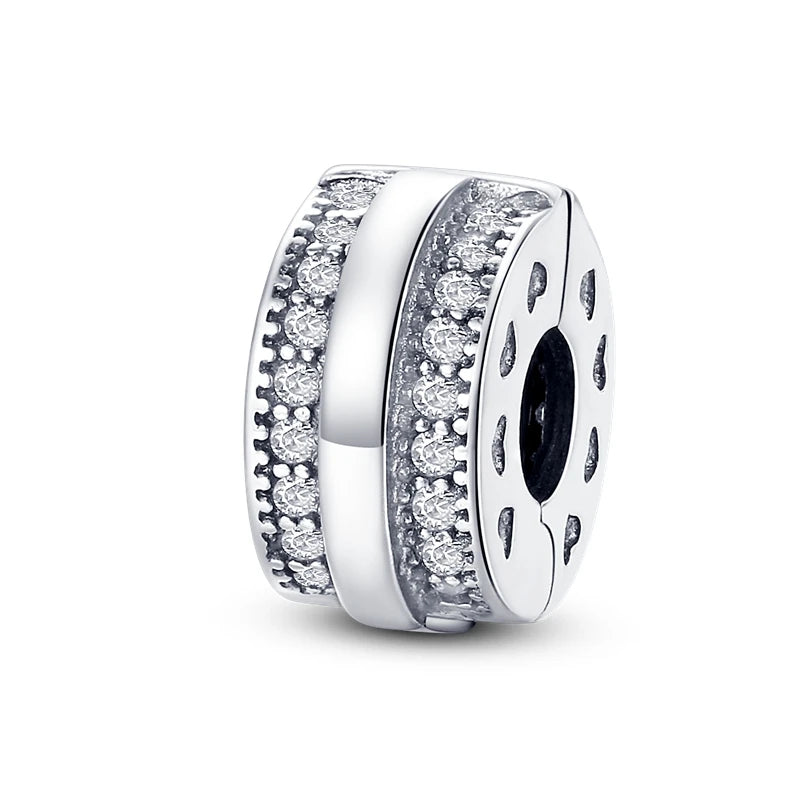 Silver Charm 925 Sterling Silver Clip Charms Safety Chain Charm CZ pave Round Clip Beads Fit Original Bracelet Jewelry Making