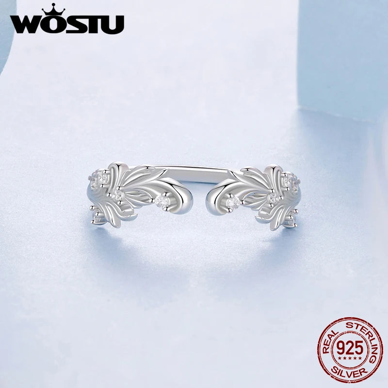 WOSTU 925 Sterling Silver Minimalist Ring with Sparkling Zircon, Elegant Stackable Flower Pattern Rings Dainty Jewelry Gift