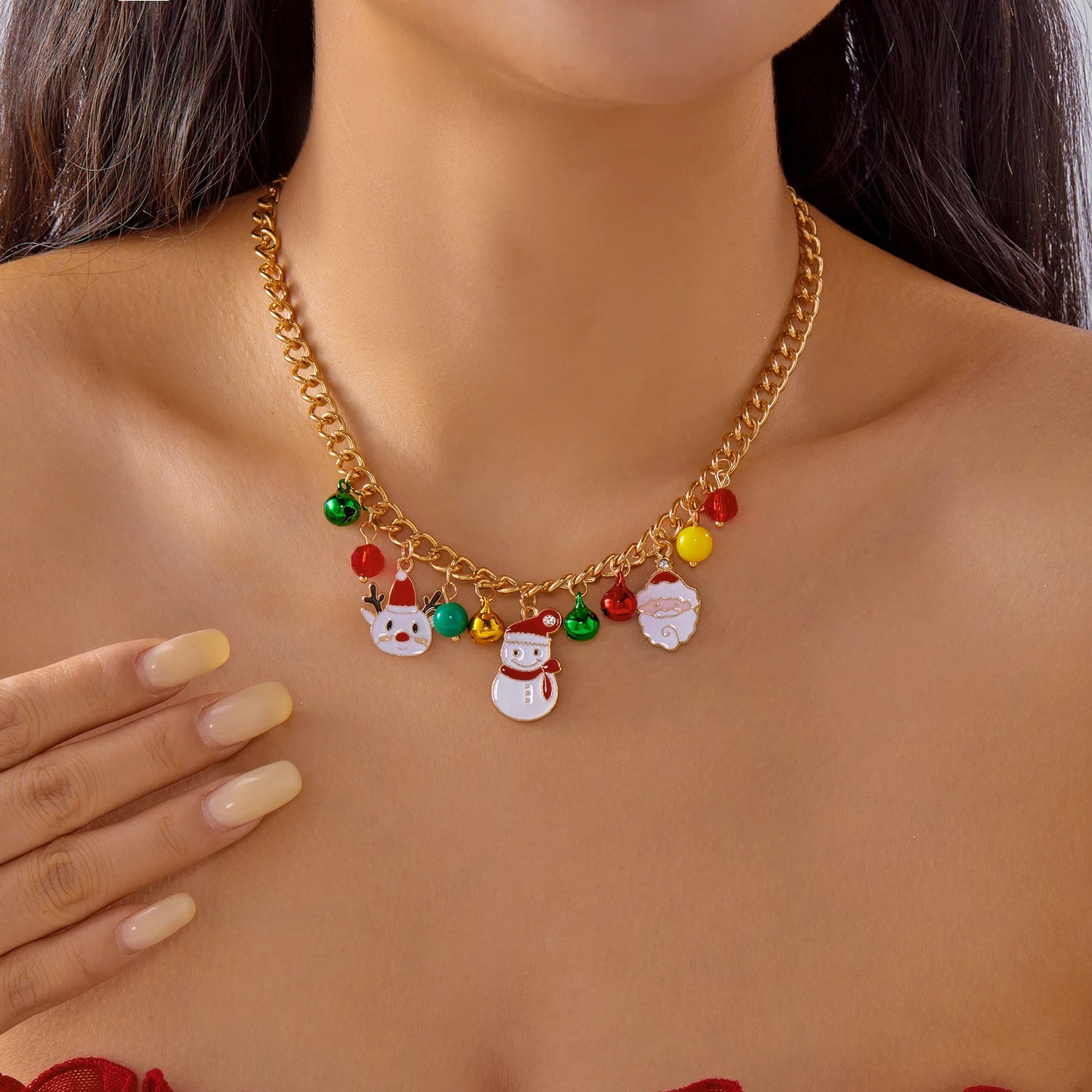 Christmas Metal Chain Necklace For Women Girls Santa Claus Snowman Bell Elk Wreath Pendant Clavicle Choker Party New Year Gifts