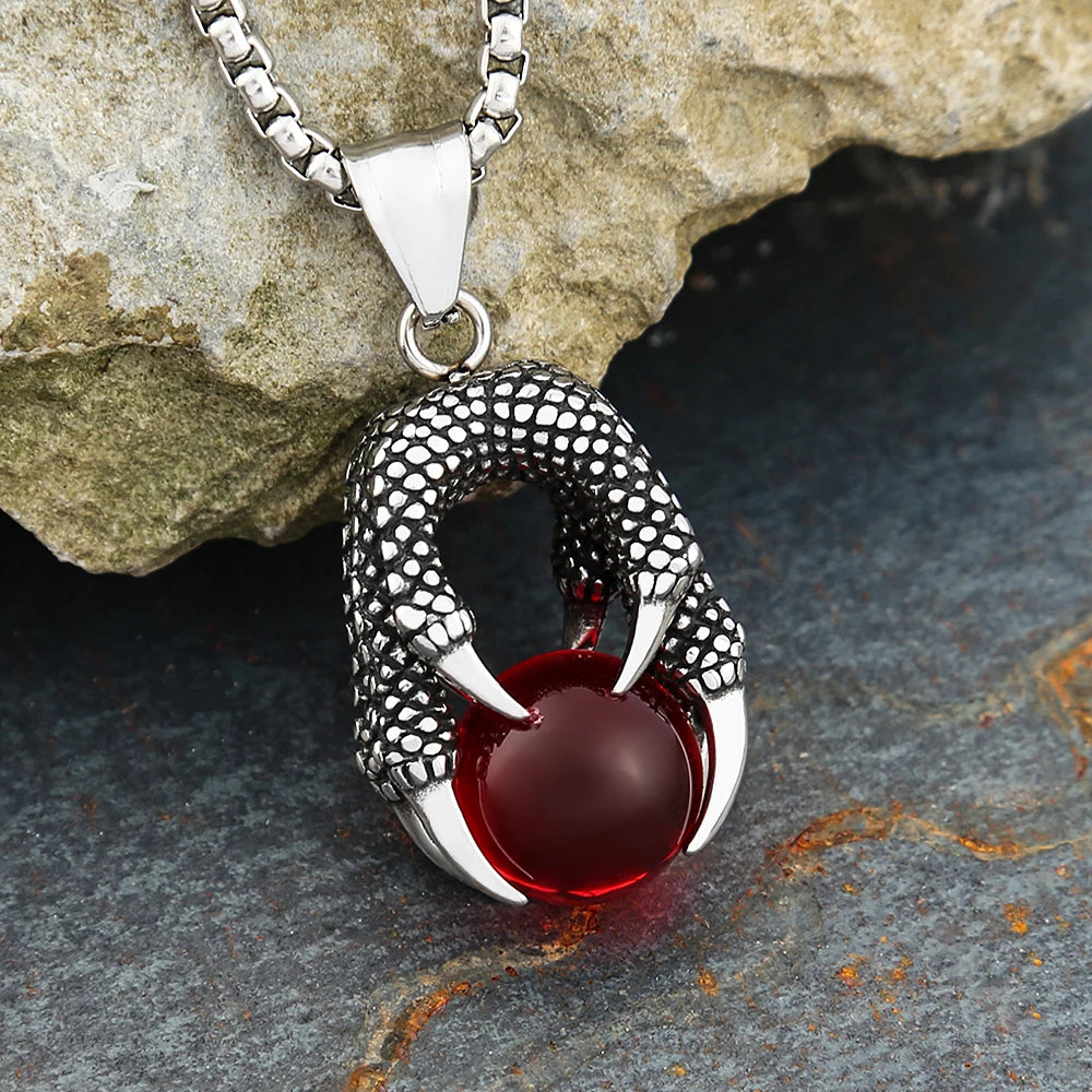 Punk Gothic Dragon Claw Pendant Necklaces For Men Women Stainless Steel Fashion Red Black Crystal Ball Necklace Biker Jewelry