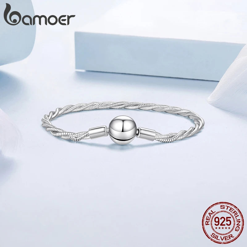 Bamoer Armband aus 925er Sterlingsilber, gedrehtes Basic-Design, doppellagige Schlangenkette, glänzender Kugelanhänger, ideales Weihnachtsgeschenk für Damen