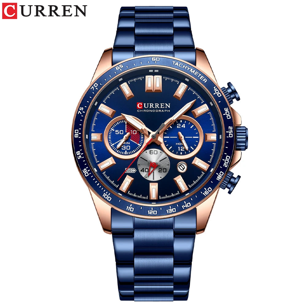CURREN  New 2022 Stainless Steel Quartz Wristwatches for Men Sports Chronograph Watches with Luminous Hands