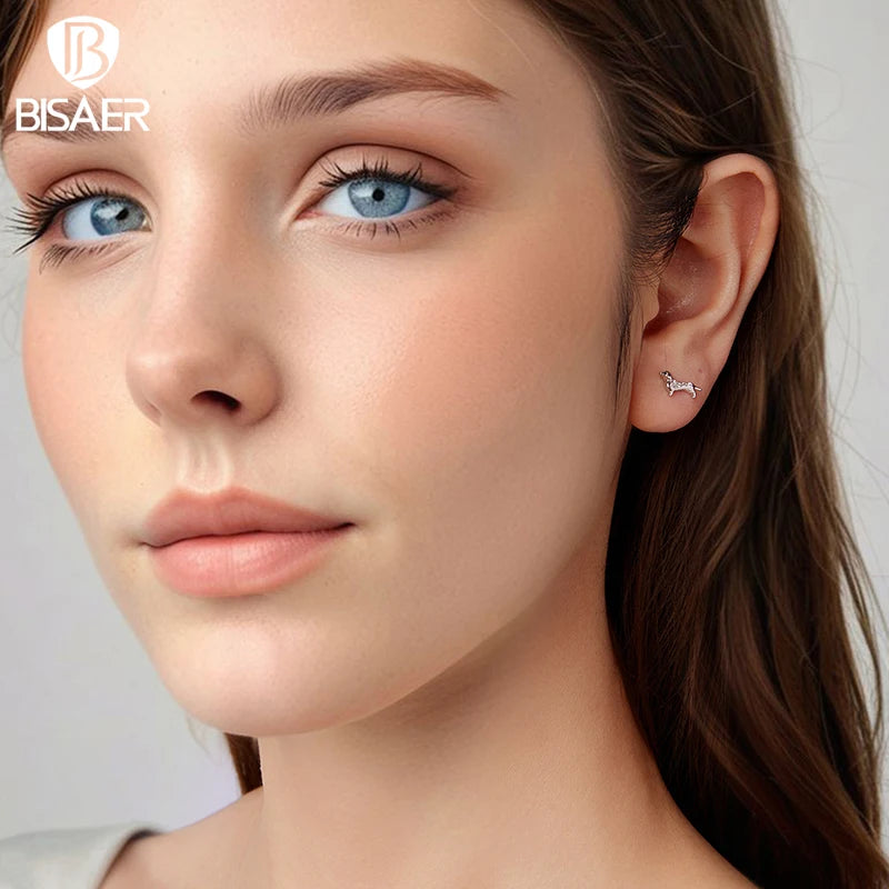 BISAER 925 Sterling Silver Cute Dachshund Stud Earrings Pet Dog Hypoallergenic Earrings Plated White Gold for Women Fine Jewelry