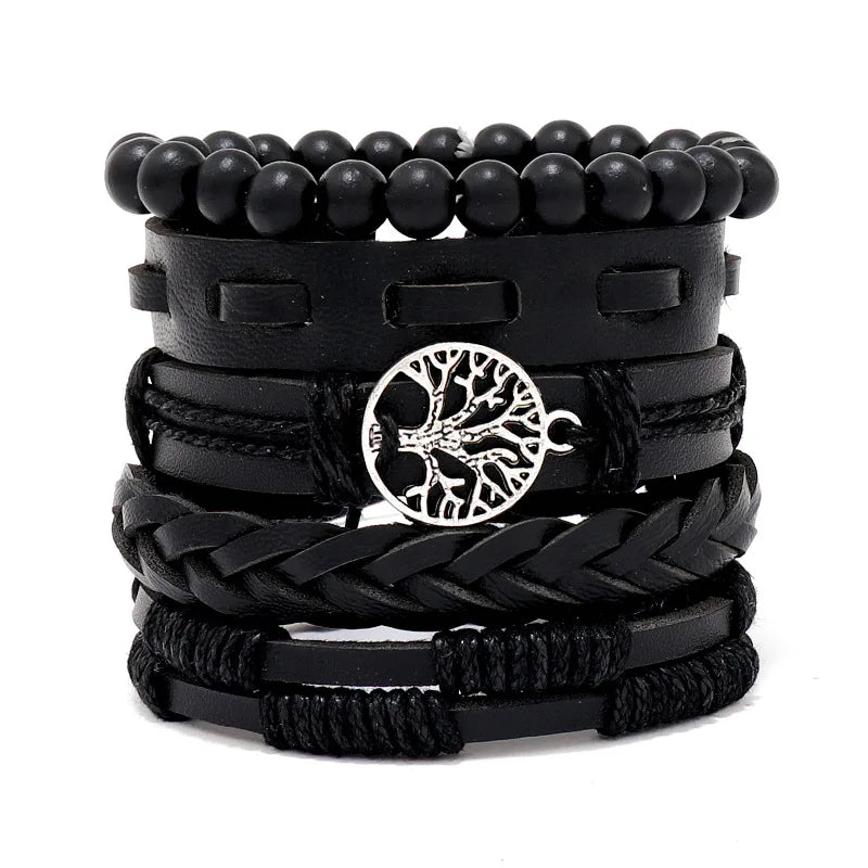 Ensemble de quatre accessoires en alliage Arbre de Vie : bracelet en cuir pour homme, perles en bois et ornement en cuir tissé à la main.