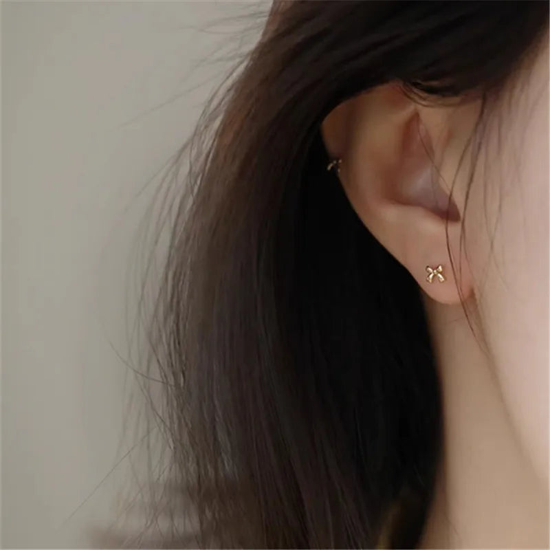 925 Sterling Silver Plated 14K Gold Mini Bow Earrings for Women Smooth Cute Small Jewelry Accessories