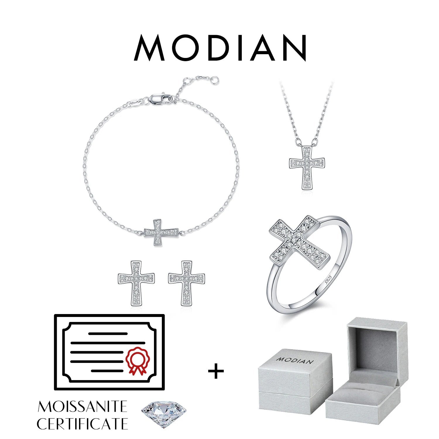 MODIAN Moissanite Sets 925 Sterling Silver Simple Cross Ear Studs Fashion Cluster Rings Bracelet Necklace For Women Fine Jewelry
