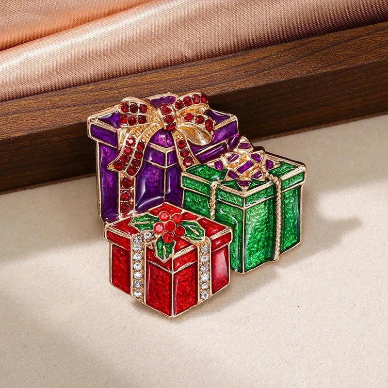 Christmas Colorful Enamel Brooches for Women Unisex Rhinestone Xmas Tree Gift Box Candy Rod Crutch Brooch Pins Party Jewelry