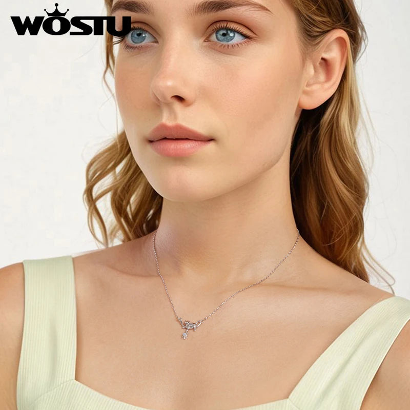 WOSTU 925 Sterling Silver Lovely Cat Necklace for Women Heart Rainbow Moonstone Cats Pet Pendant Necklace Girl Daughter Gift
