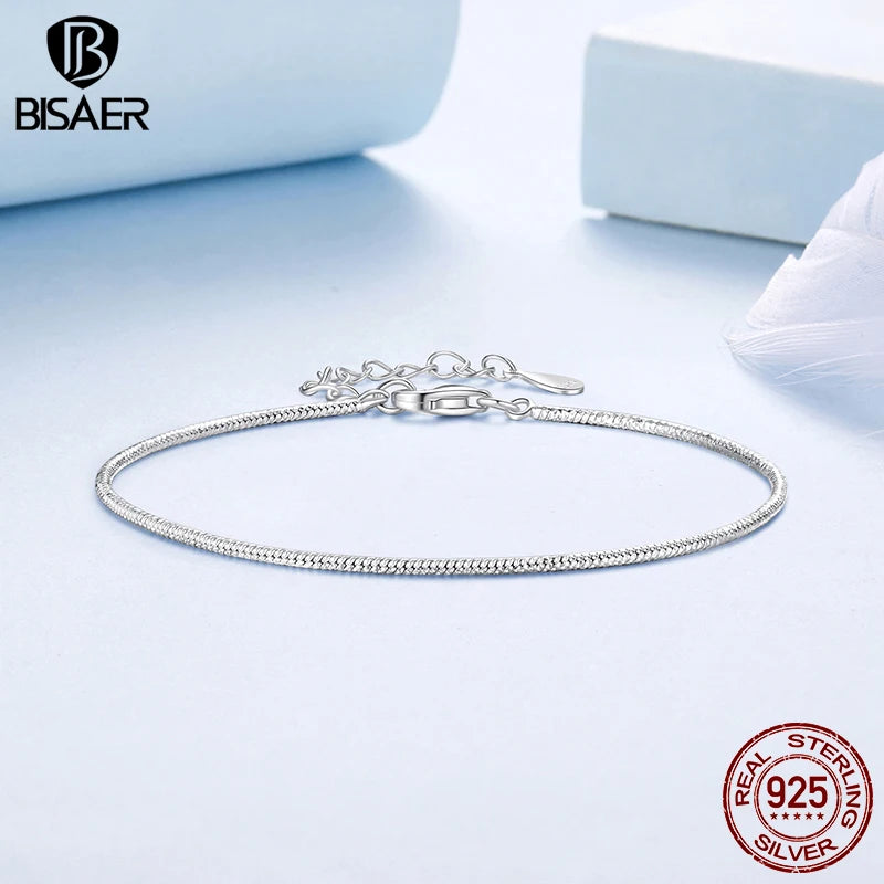 BISAER 925 Sterling Silver Sparkling Chain Bracelet Classic Chopin Chain Plated White Gold for Women Charm Bead DIY Fine Jewelry