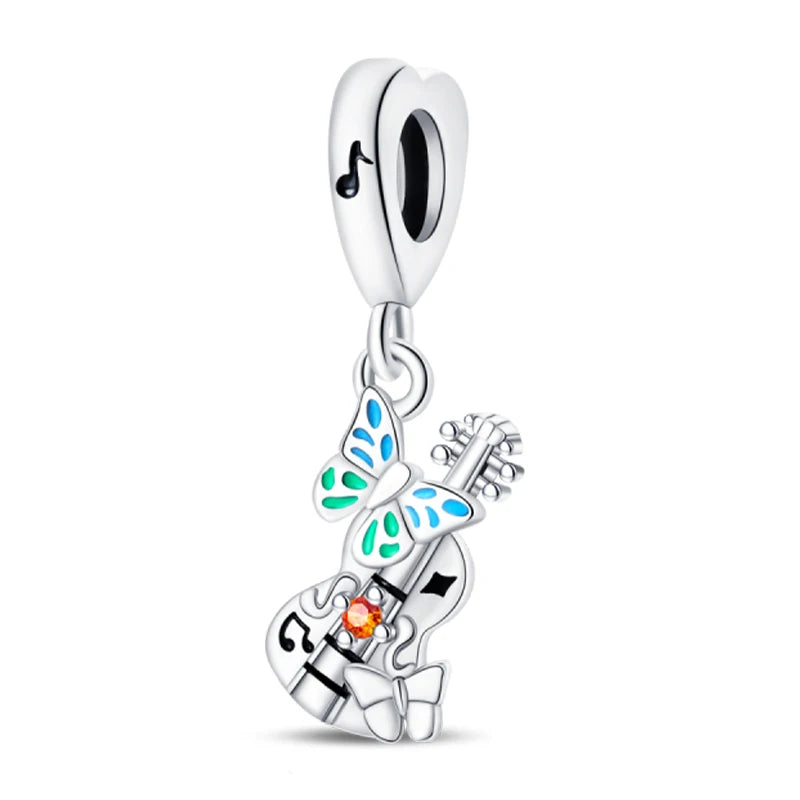 Romantic Music Charms Beads 925 Sterling Silver Piano Violin Red Guitar Punk Saxophone Pendants Fit Qikaola Bracelet DIY Jewelry