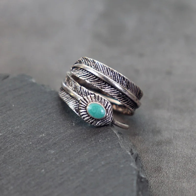 Retro Green Stone Feather Ring For Men Silver Color Punk Gothic Open Ring Handmade Designer Jewelry Unisex Accessories Love Gift