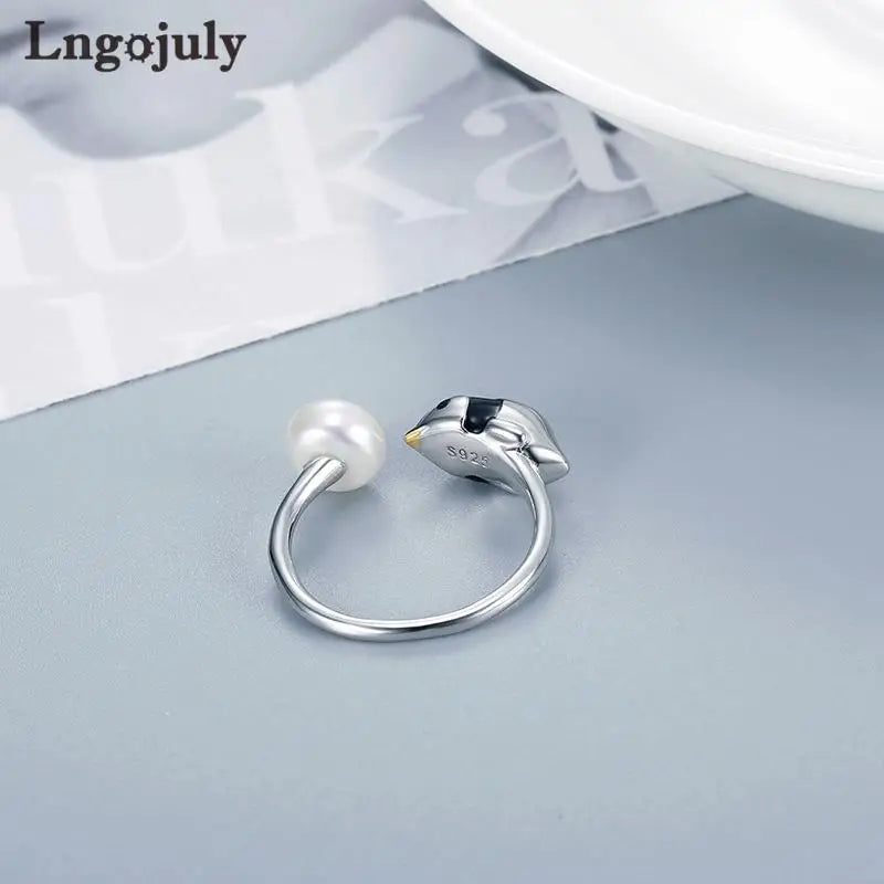 Fine Jewelry 925 Sterling Silver Adjustable Pearl Penguin Ring For Women Girl Anniversary Wedding Party Jewelry Gifts