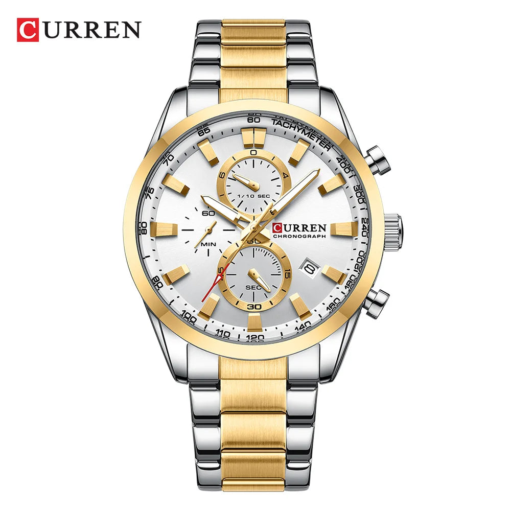 CURREN Casual Sporty Brand Stainless Steel Band Wristwatches for Men New Chronograph Quartz Watches with Date 8445