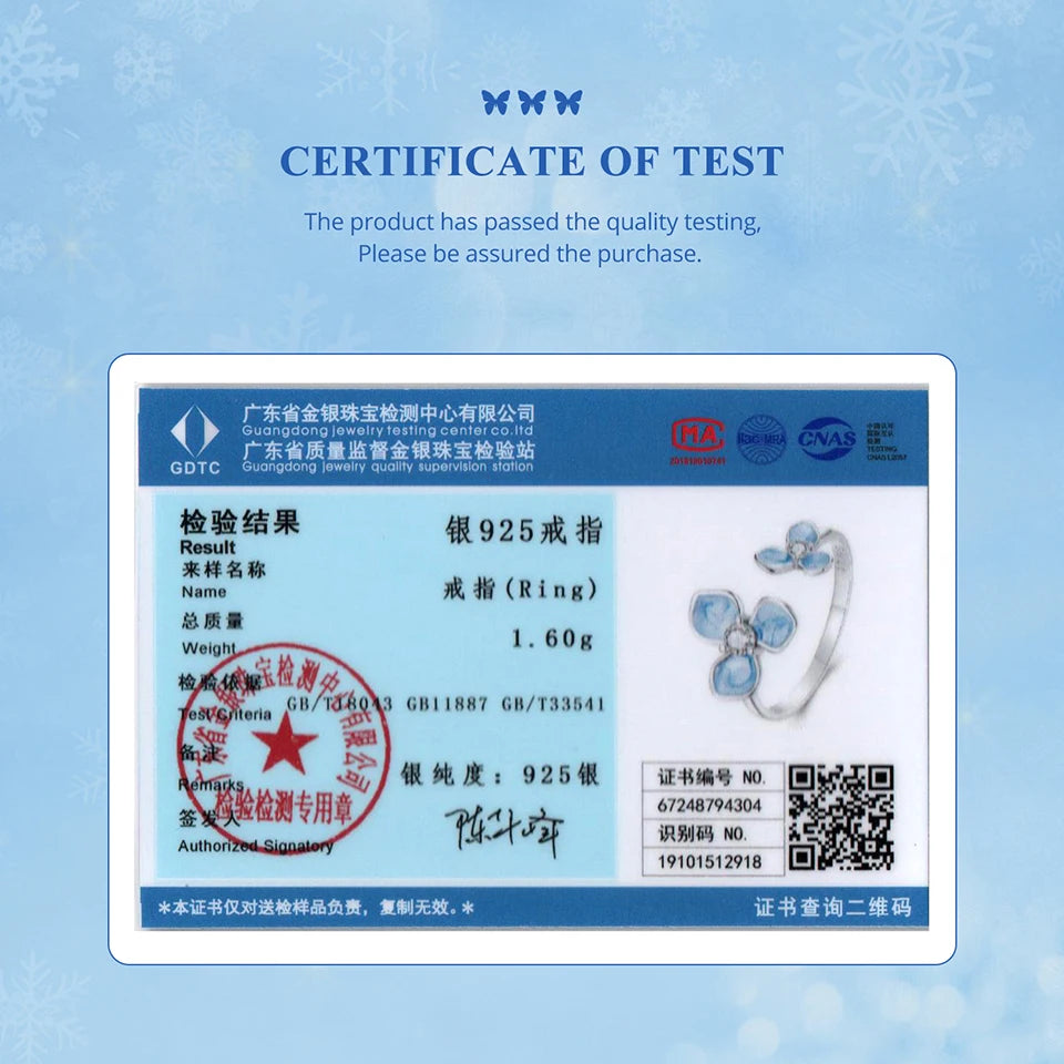 BAMOER 925 Sterling Silver Blue Flower Adjustable Ring, White Gold Plated Promise Christmas Cute Rings Dainty Chic Jewelry