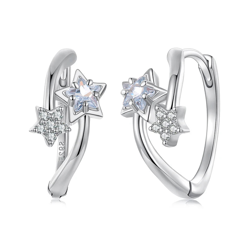WOSTU 925 Sterling Silver Double Star Shiny Zircon Hoop Earrings For Women , Valentine Jewelry Gift Daily Praty Wear Jewelry Gif