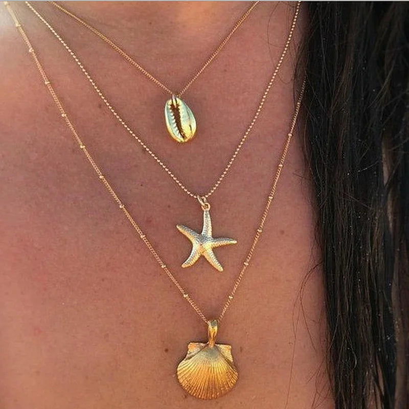 3Pcs Bohemian Conch Starfish Pendant Necklace For Women Conch Seashell Gold Color Metal Chain Choker Summer Beach Party Jewelry